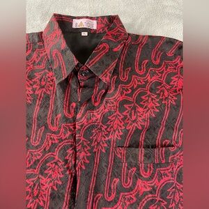 Batik Print Button Shirt Mens XL Black Red Long Sleeve Geometric Pocket Lined